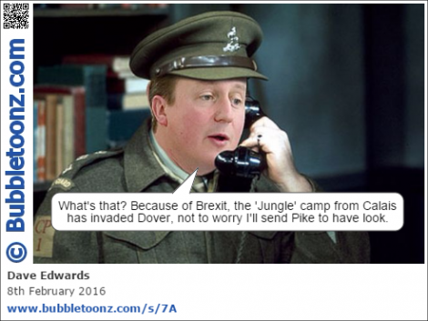 Captain (Mainwaring) Cameron receives news that because of Brexit, the Jungle has invaded Dover.