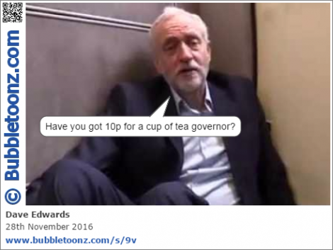 Corbyn is down on his luck, on the floor of a train begging for money